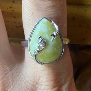 Natural Connemara Marble Sterling Silver Claddagh Ring Size 9